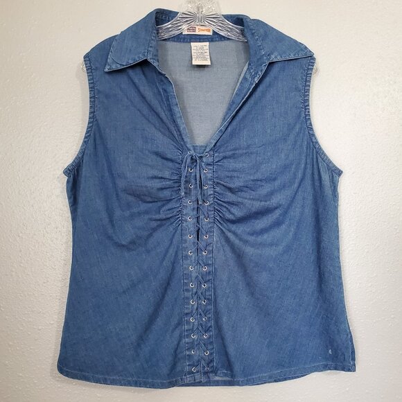 Denim Sleeveless Tank Top Front Tie Collar Faded Glory Women's Large - Picture 1 of 9